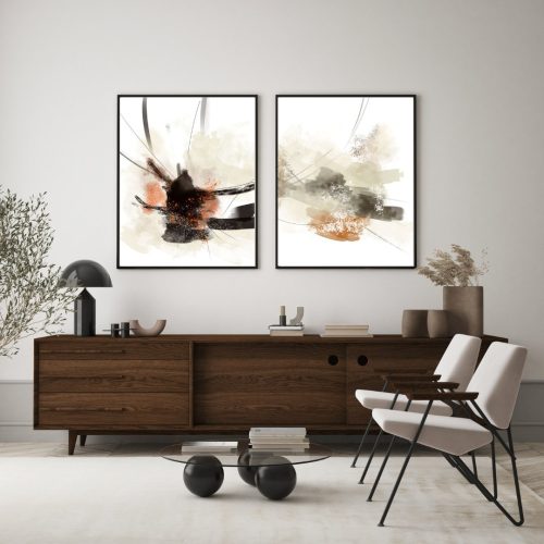 Jogo com 2 Quadros Decorativos Abstrato Alaranjado, Preto e Cinza