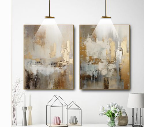 Jogo com 2 Quadros Abstratos em Tons Neutros com Dourado com efeito pintura à óleo