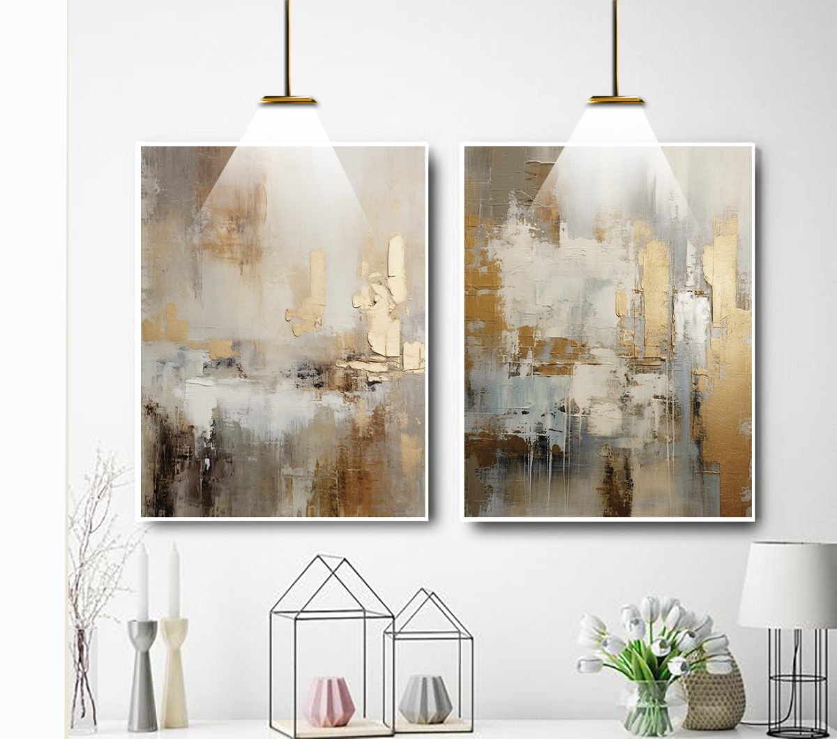 Jogo com 2 Quadros Abstratos em Tons Neutros com Dourado com efeito pintura à óleo - Imagem 13