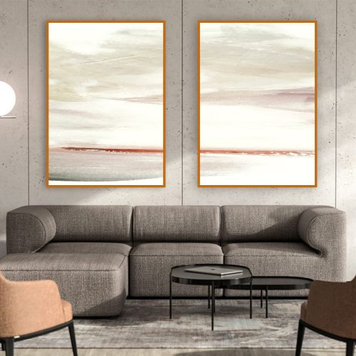 Jogo com 2 Quadros Abstratos Tons Neutros com Detalhe em Cor Terracota