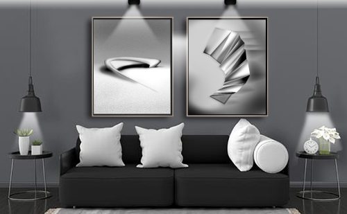 Jogo com 2 Quadros Abstratos Preto  Branco e Cinza