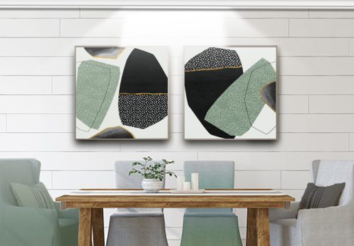 Jogo com 2 Quadros Decorativos Abstratos Preto Verde e Branco