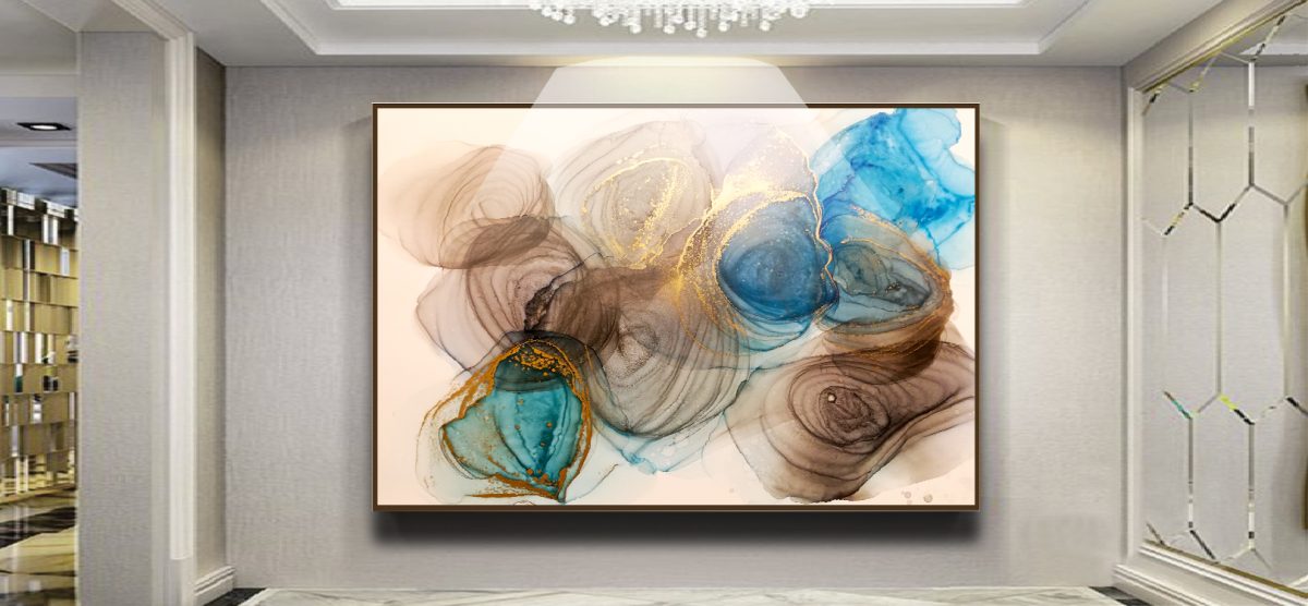 Quadro Decorativo Abstrato Terracota e Azul com Brilho Dourado - Imagem 5