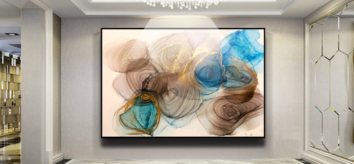 Quadro Decorativo Abstrato Terracota e Azul com Brilho Dourado - Imagem 7
