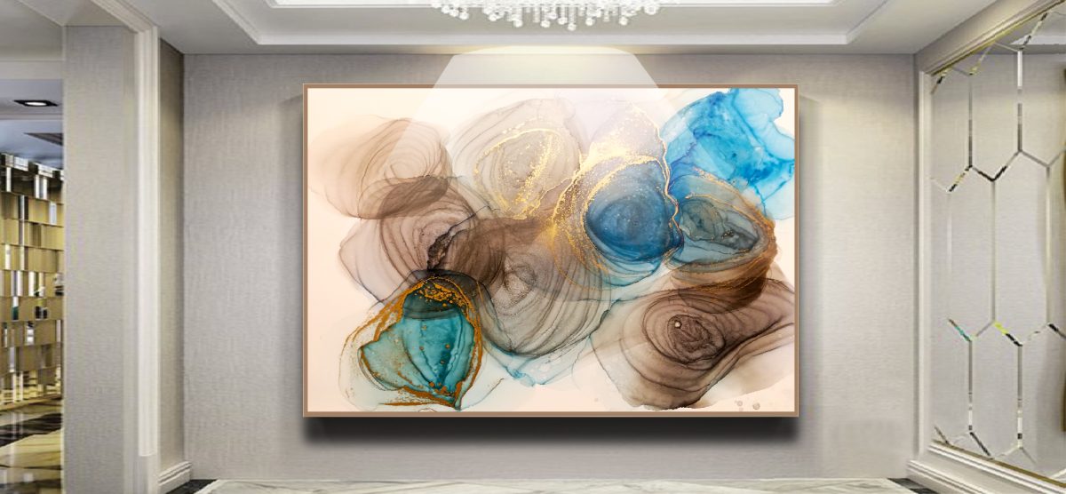 Quadro Decorativo Abstrato Terracota e Azul com Brilho Dourado - Imagem 9