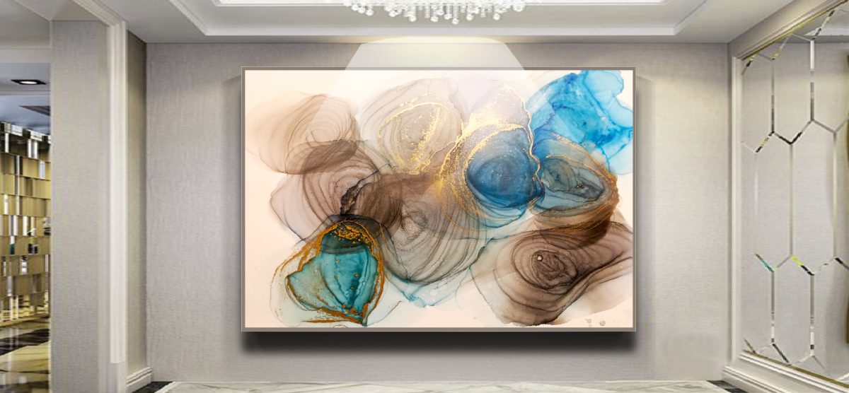 Quadro Decorativo Abstrato Terracota e Azul com Brilho Dourado - Imagem 11