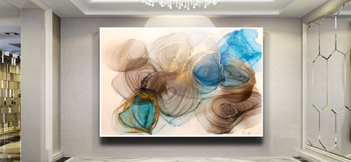 Quadro Decorativo Abstrato Terracota e Azul com Brilho Dourado