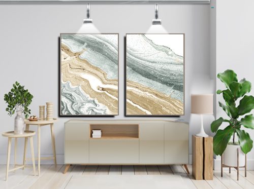 Jogo com 2 Quadros Decorativos Abstrato Marmorizado em Tons de Azul e Nude