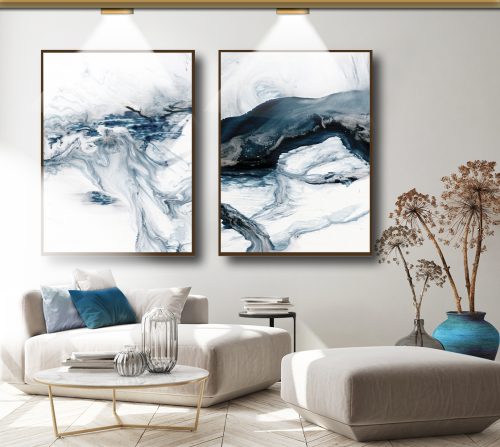 Jogo com 2 Quadros Abstratos Em Tons de Azul