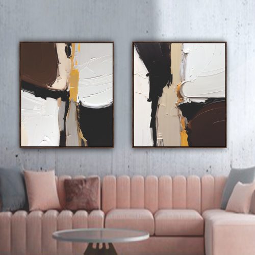 Jogo com 2 Quadros Abstratos Com Detalhes em Marrom, Nude Off White