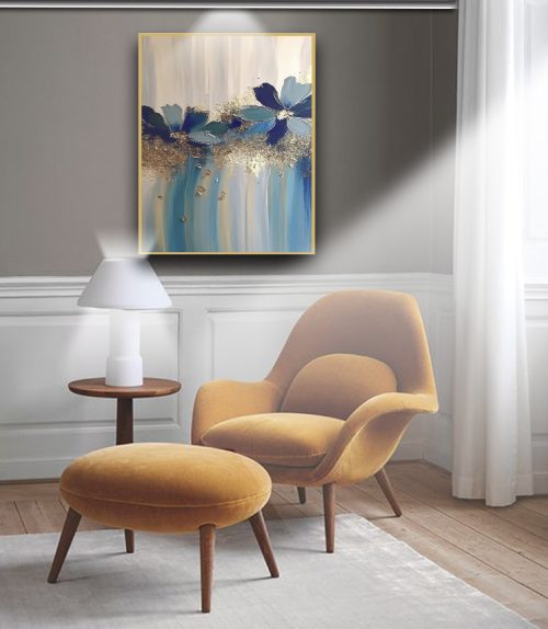 Quadro Decorativo Abstrato Flores Azuis com Detalhes Dourados