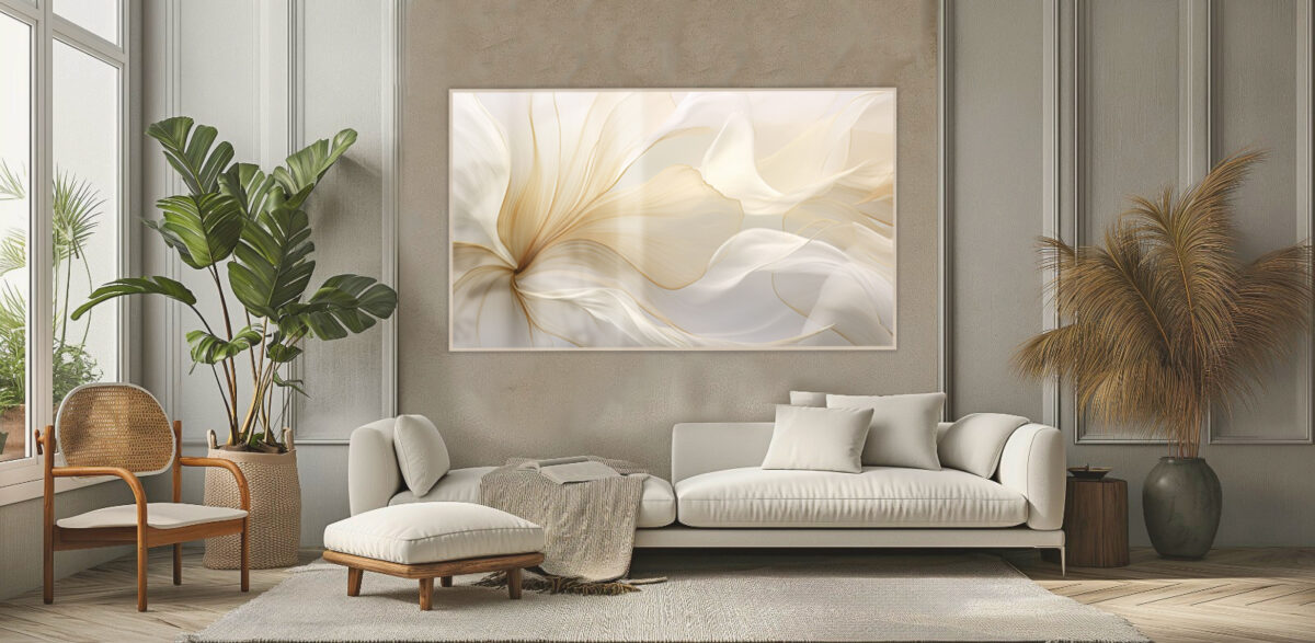 Quadro Decorativo Abstrato Clean em Tons Neutros Off White e Dourado - Image 2