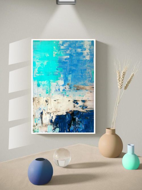 Quadro Decorativo Abstrato com Tons de Azul e Off White