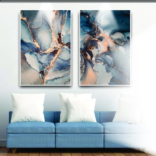 Jogo com 2 Quadros Decorativos Abstratos Marmorizados com Tons de Azul e Dourado