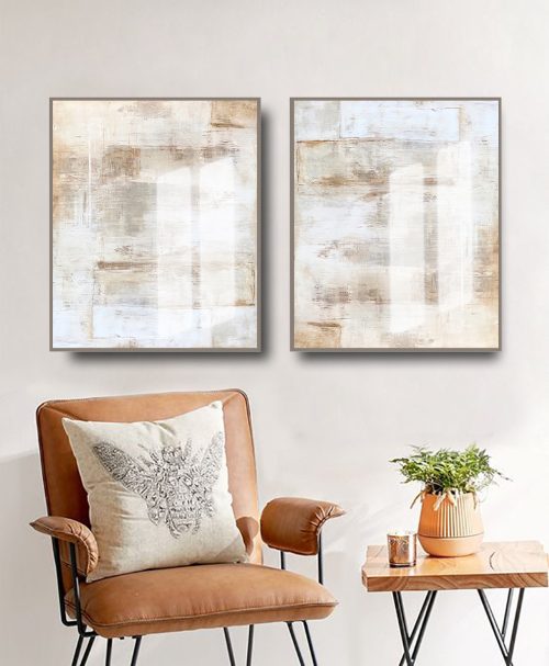 Jogo com 2 Quadros Abstratos em Tons Neutros com Bege e Off White
