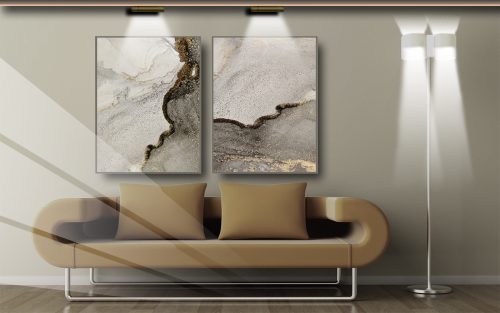 Jogo com 2 Quadros Abstratos Marmorizado com Rose e Dourado