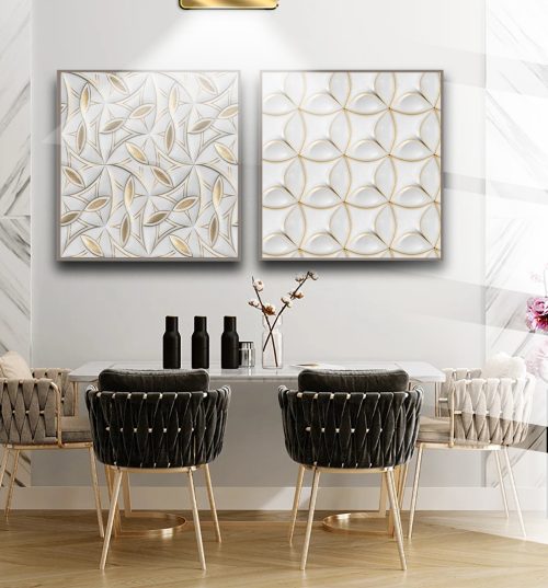 Jogo com 2 Quadros Decorativos Abstrato Minimalistas em Tons de Branco e Dourado