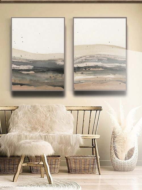 Jogo com 2 Quadros Abstratos em Tons Neutros de cinza, bege e off white