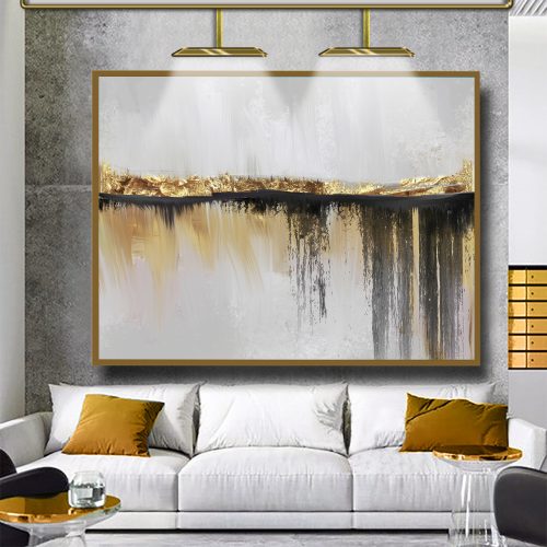 Quadro Decorativo Abstrato em Tons de Branco, Dourado e Preto