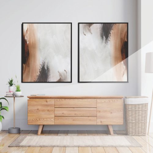 Jogo com 2 Quadros Abstratos Branco, Cinza e Marrom