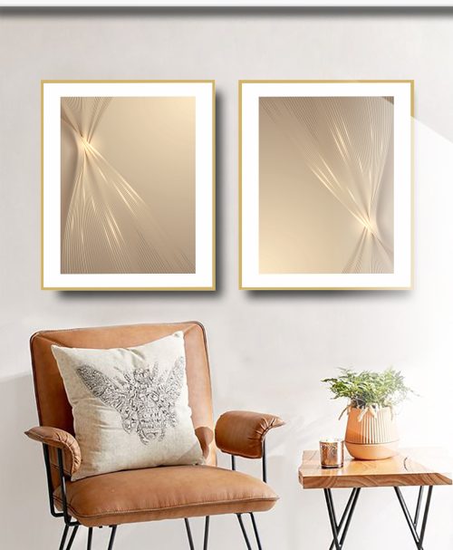 Jogo com 2 Quadros Decorativos Abstratos em Tons de Nude e Dourado