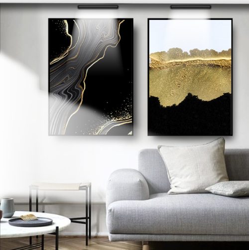 Jogo com 2 Quadros Decorativos Abstratos Marmorizado em Tons de Preto e Dourado