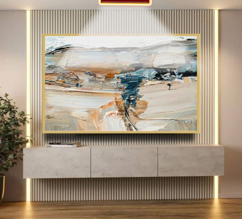 Quadro Decorativo Abstrato Pinceladas Nude, Marrom, Azul e Laranja
