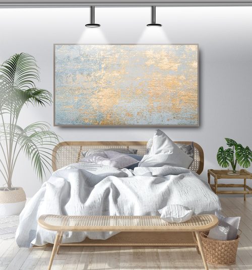 Quadro Decorativo Abstrato Dourado com Fundo Azul