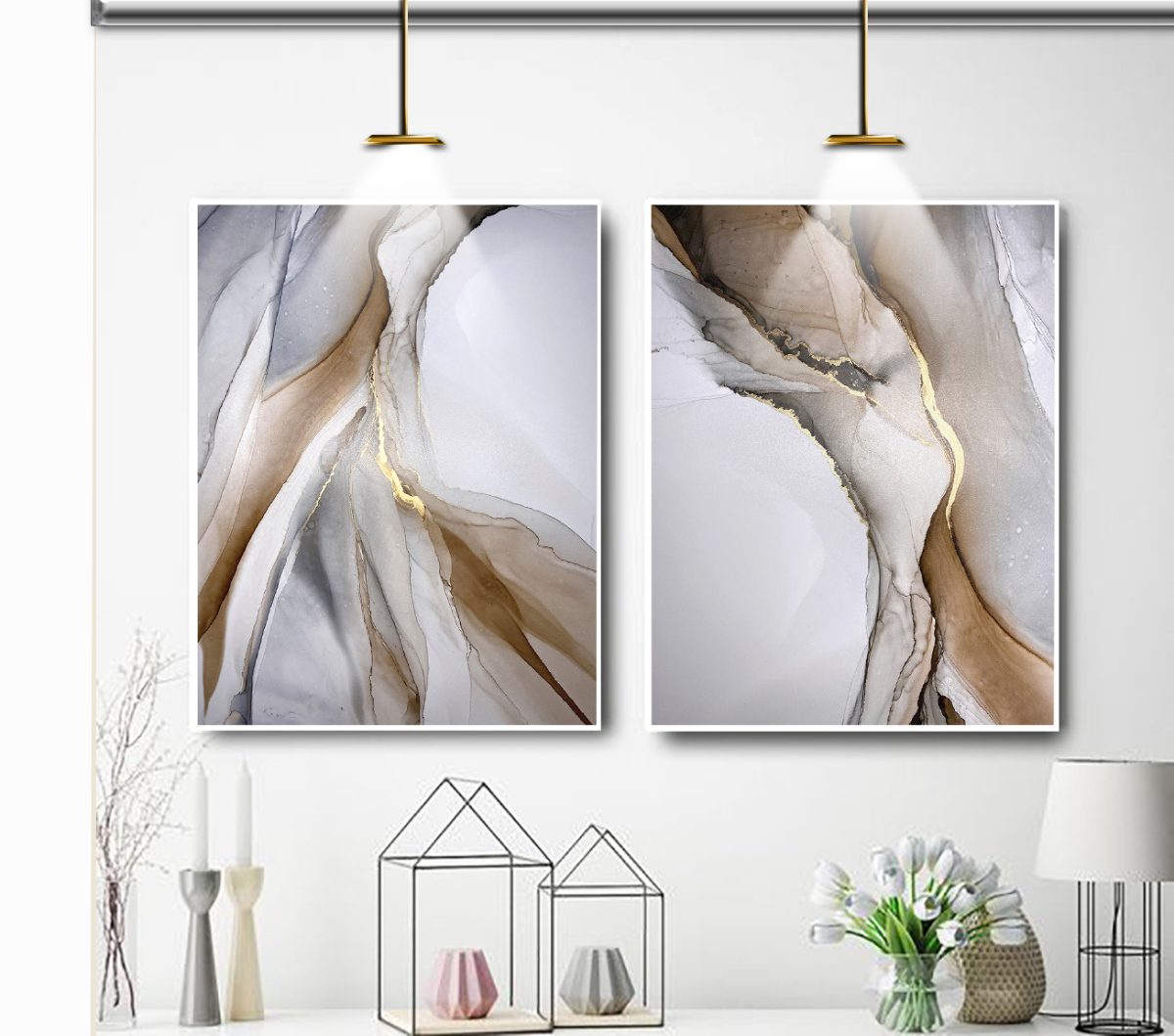 Jogo com 2 Quadros Decorativos Abstratos Marmorizado em Tons de Cinza, Marrom e Dourado - Imagem 2