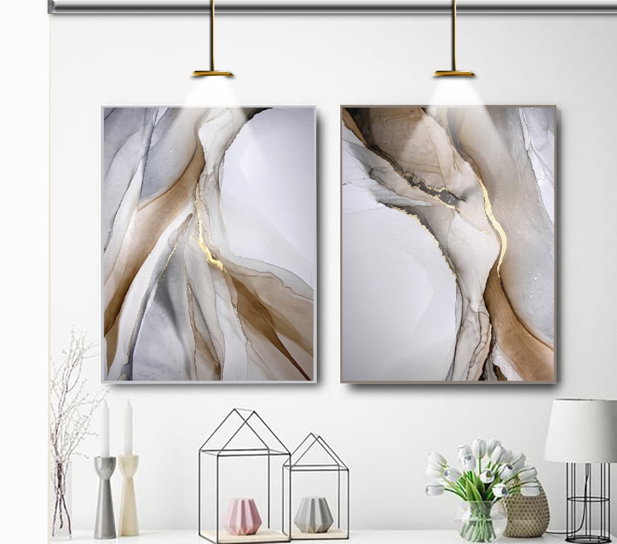 Jogo com 2 Quadros Decorativos Abstratos Marmorizado em Tons de Cinza, Marrom e Dourado - Imagem 6