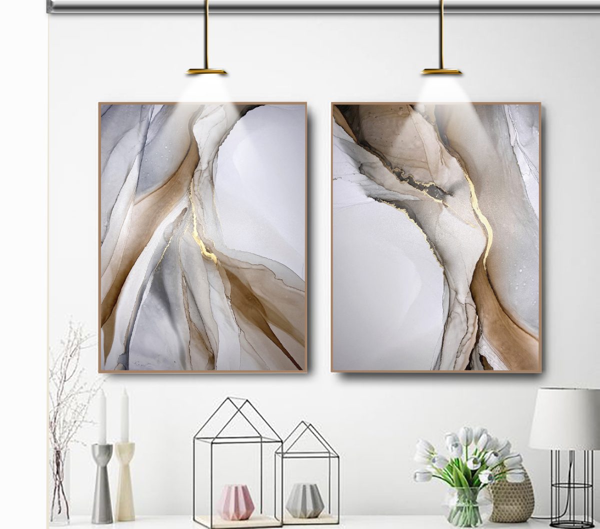 Jogo com 2 Quadros Decorativos Abstratos Marmorizado em Tons de Cinza, Marrom e Dourado - Imagem 9