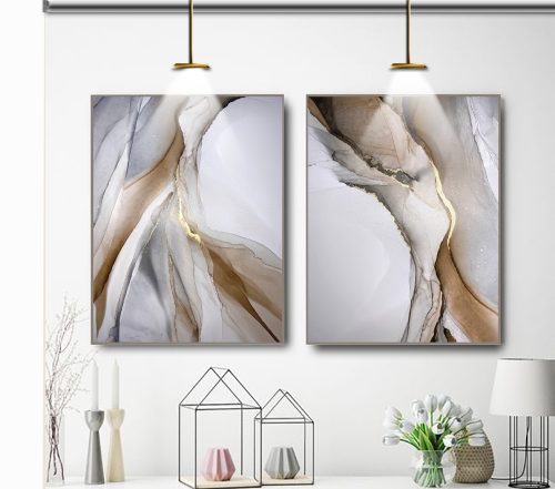 Jogo com 2 Quadros Decorativos Abstratos Marmorizado em Tons de Cinza, Marrom e Dourado