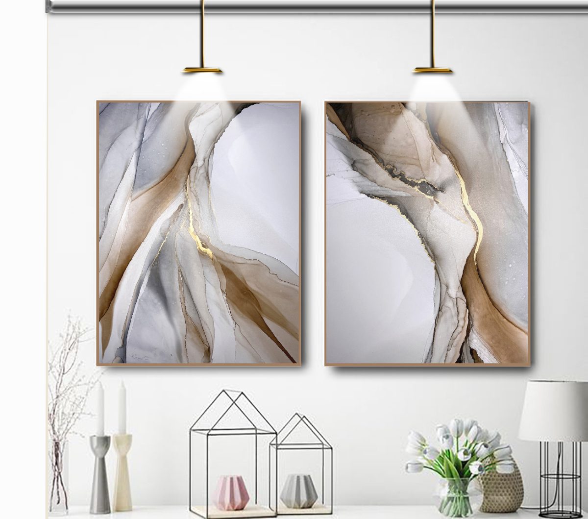 Jogo com 2 Quadros Decorativos Abstratos Marmorizado em Tons de Cinza, Marrom e Dourado - Imagem 14