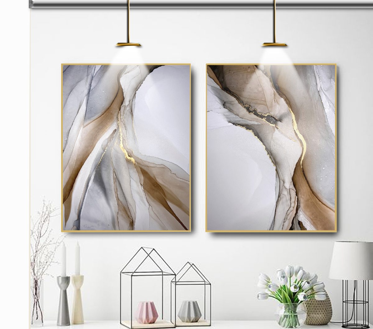Jogo com 2 Quadros Decorativos Abstratos Marmorizado em Tons de Cinza, Marrom e Dourado - Imagem 16