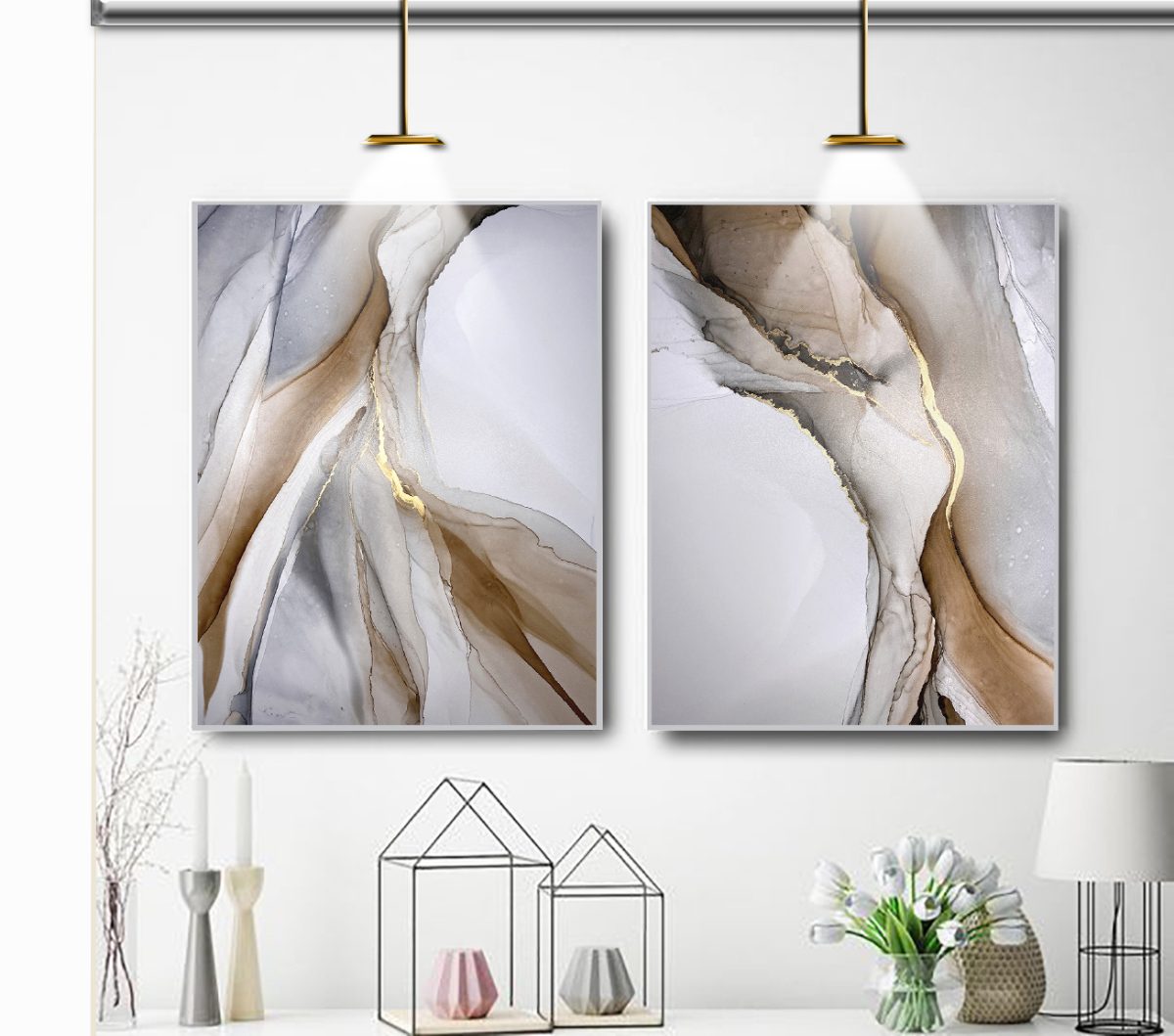 Jogo com 2 Quadros Decorativos Abstratos Marmorizado em Tons de Cinza, Marrom e Dourado - Imagem 18