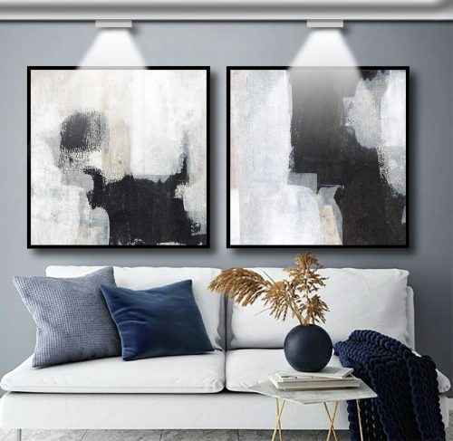 Jogo com 2 Quadros Abstratos Tons Preto e Off white