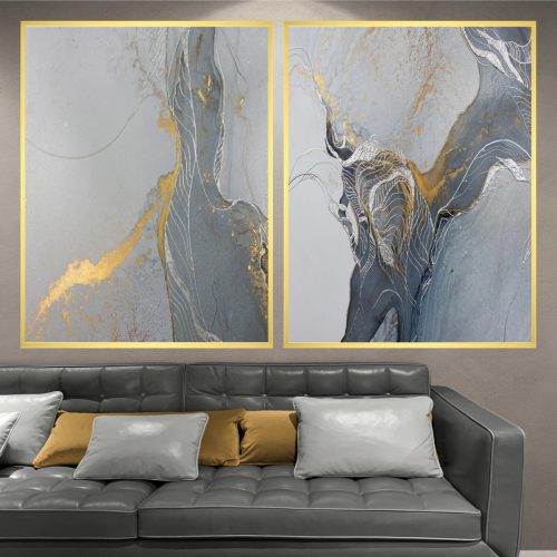 Jogo com 2 Quadros Abstratos Azul Acinzentado Branco com Detalhes em Amarelo/Dourado