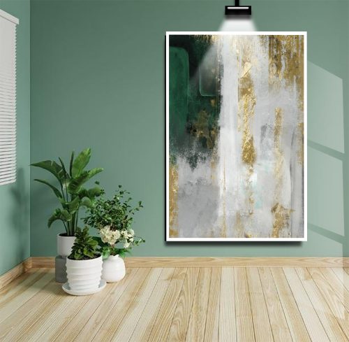 Quadro Abstrato em Tons Branco Cinza Verde e Dourado/Amarelo