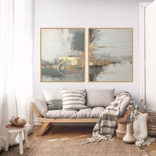 Jogo Com 2 Quadros Decorativos Abstrato em Tons Cinza e Dourado
