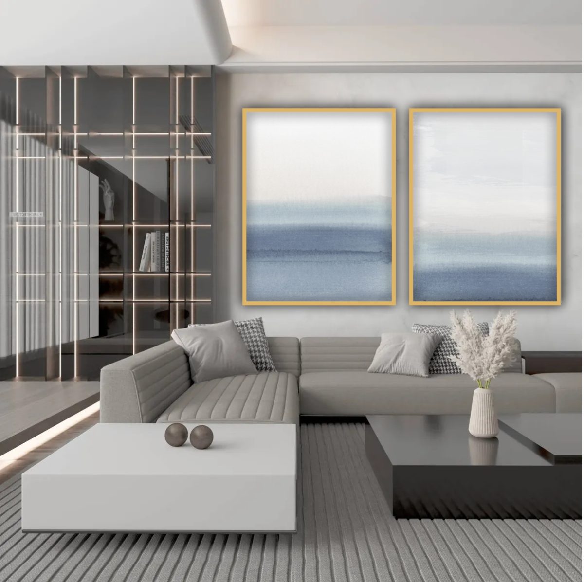 Jogo com 2 Quadros Decorativos Abstratos com tons de azul e off white - Imagem 4