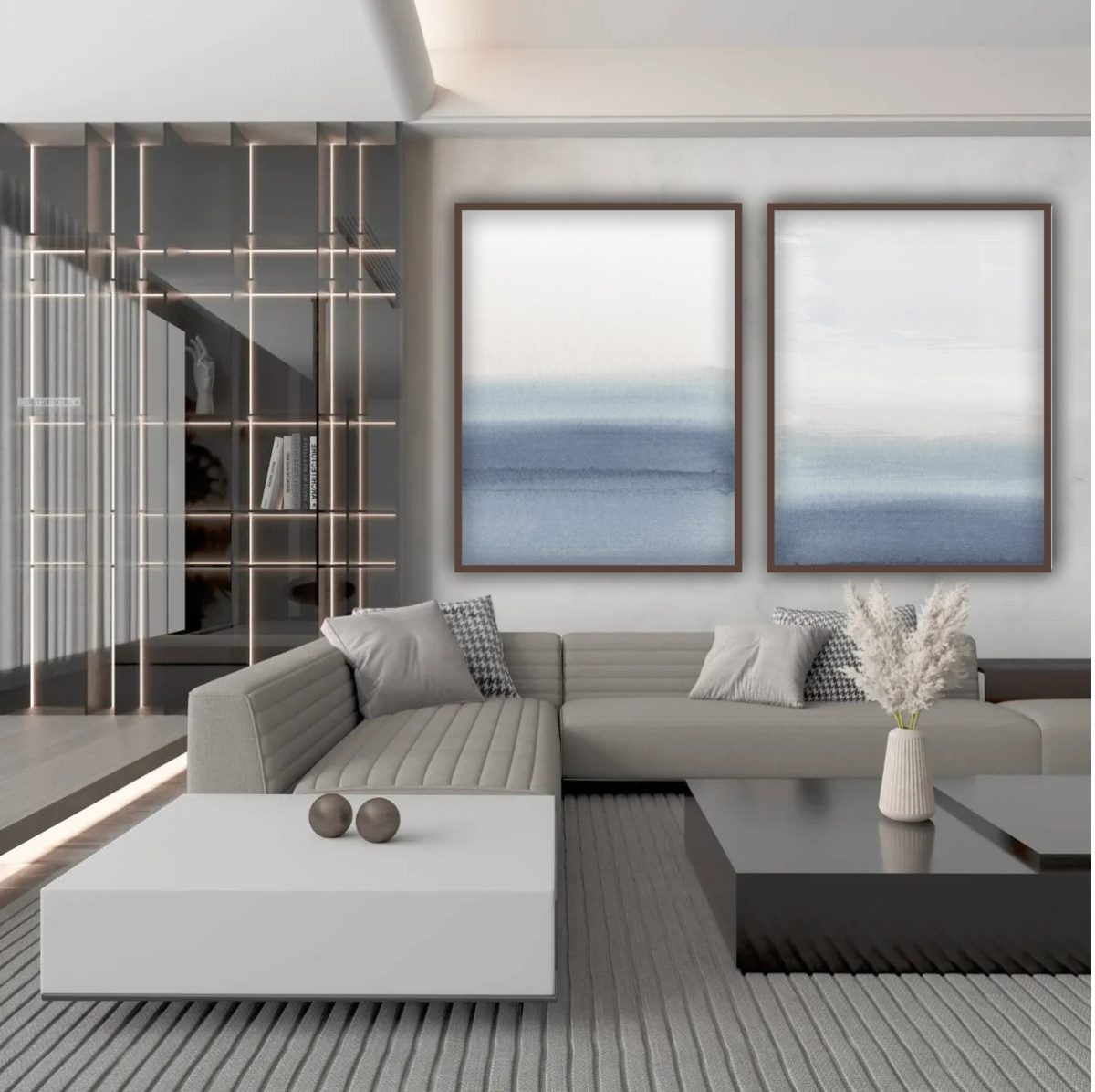 Jogo com 2 Quadros Decorativos Abstratos com tons de azul e off white - Imagem 5