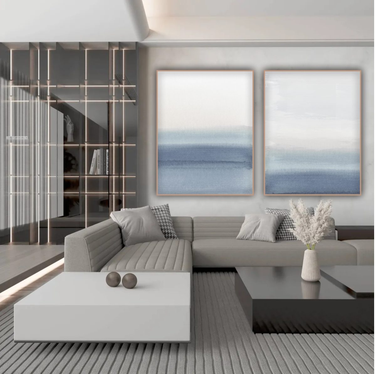 Jogo com 2 Quadros Decorativos Abstratos com tons de azul e off white - Imagem 9
