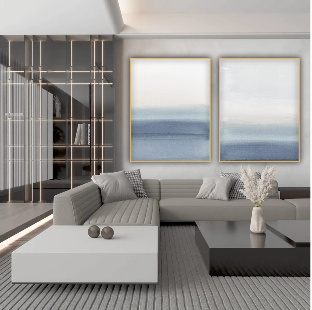 Jogo com 2 Quadros Decorativos Abstratos com tons de azul e off white - Imagem 10