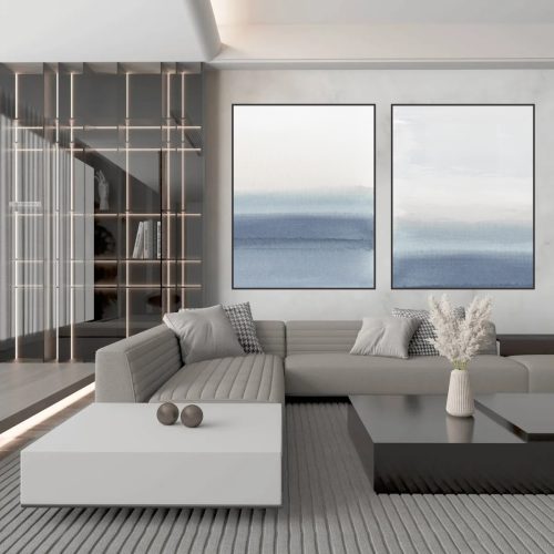 Jogo com 2 Quadros Decorativos Abstratos com tons de azul e off white