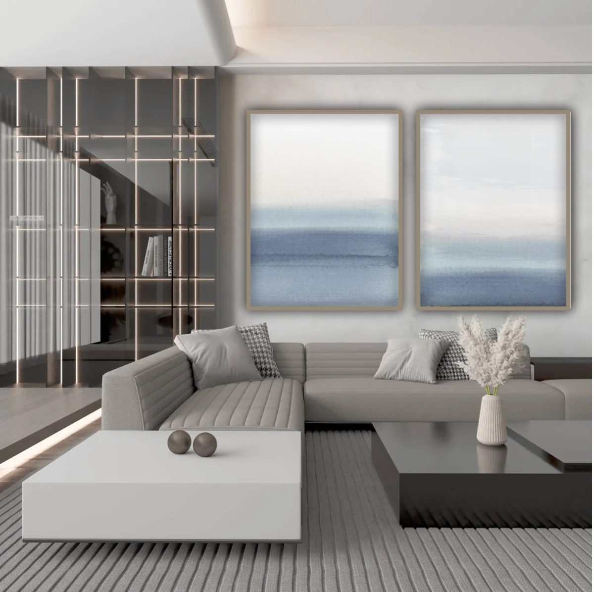 Jogo com 2 Quadros Decorativos Abstratos com tons de azul e off white - Imagem 14