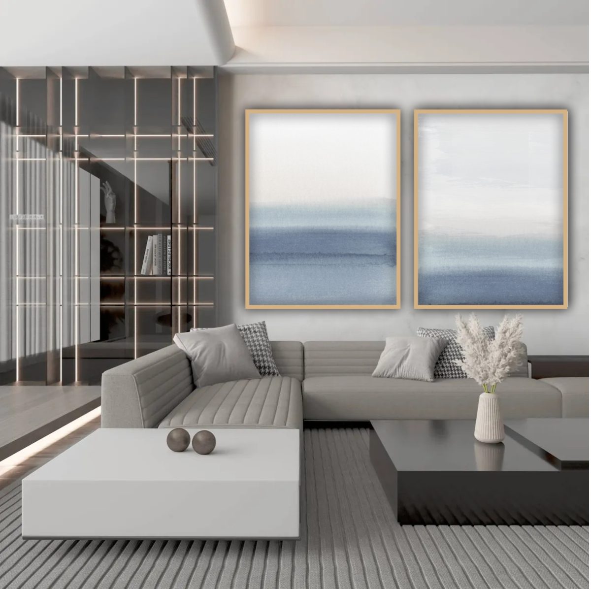 Jogo com 2 Quadros Decorativos Abstratos com tons de azul e off white - Imagem 15