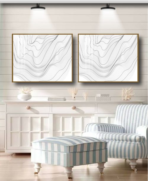 Quadro Decorativo Abstrato Branco com Detalhes em Linhas Pretas