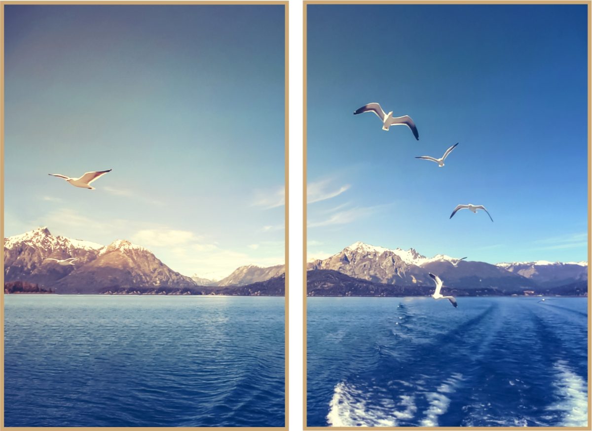 Jogo Com 2 Quadros Decorativos Paisagem Montanhas, Oceano e Pássaros - Imagem 3