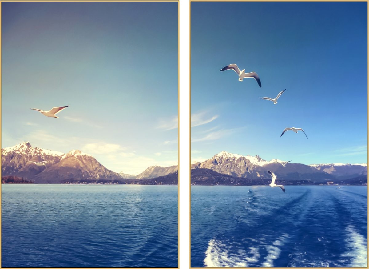 Jogo Com 2 Quadros Decorativos Paisagem Montanhas, Oceano e Pássaros - Imagem 10