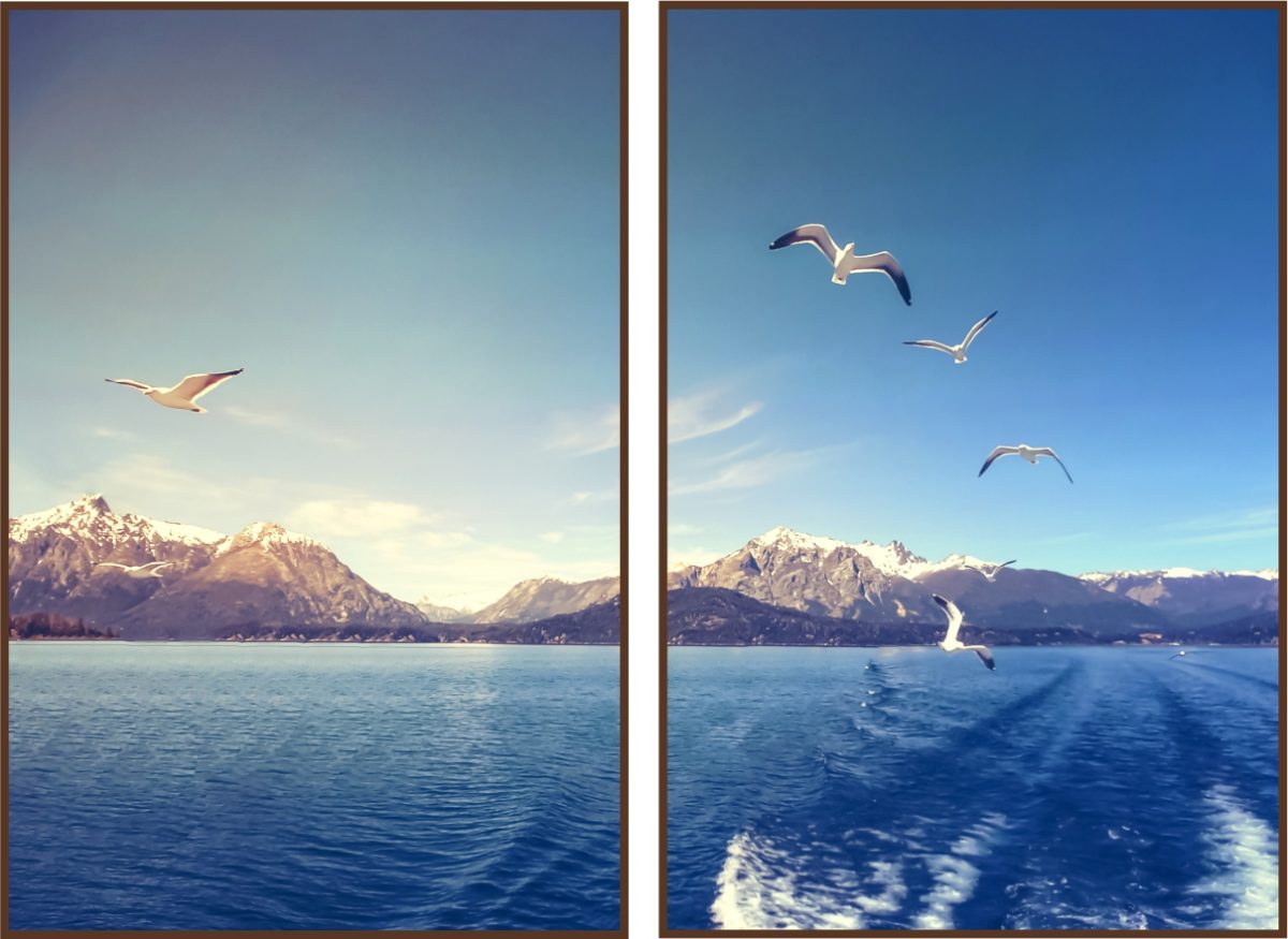 Jogo Com 2 Quadros Decorativos Paisagem Montanhas, Oceano e Pássaros - Imagem 17